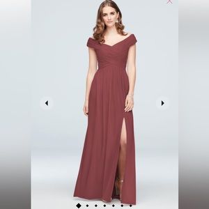 crisscross off-the-shoulder mesh bridesmaid dress